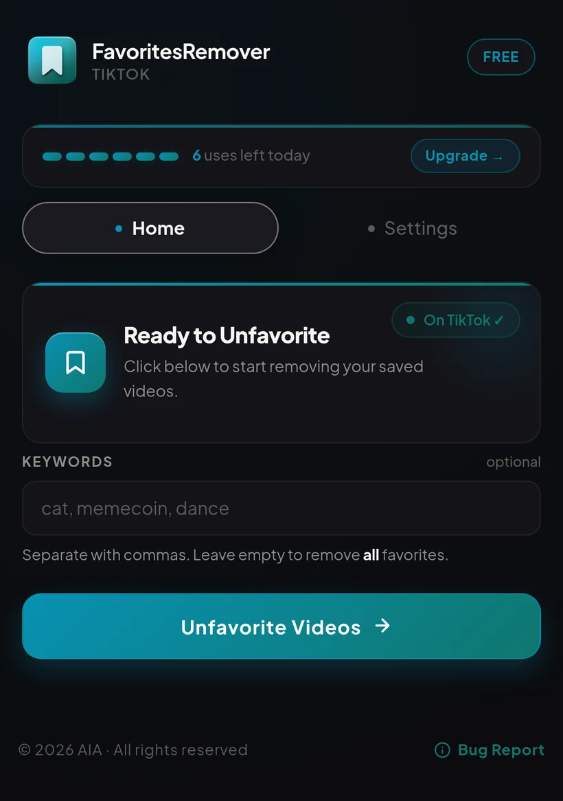TikTok Favorites Remover extension popup showing the Start Removing button