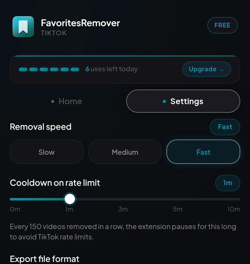Extension settings tab with removal speed and cooldown controls