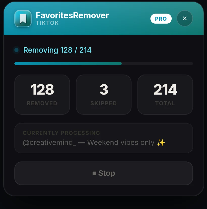 Floating on-page widget showing live removal progress on TikTok